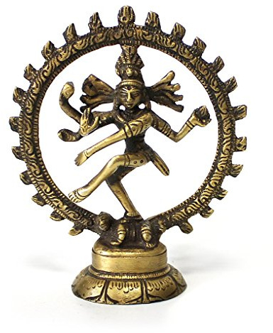 Tempelwelt Figur mit Figur Shiva Nataraj Radzylinder aus Messing, Höhe 10,5 cm groß, Gott in Asien Herr der Tanz