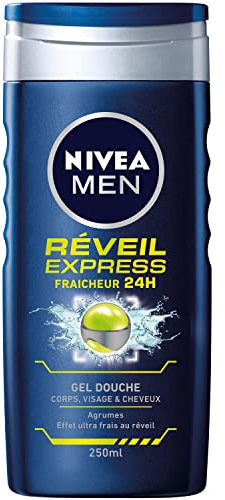 NIVEA MEN Gel douche Réveil Express Power (1 x 250 ml) — Soin lavant vivifiant enrichi en Infusion d'Agrumes — Gel douche homme 3 EN 1 — Soin nettoyant Corps Visage & Cheveux Effet Frais 24H