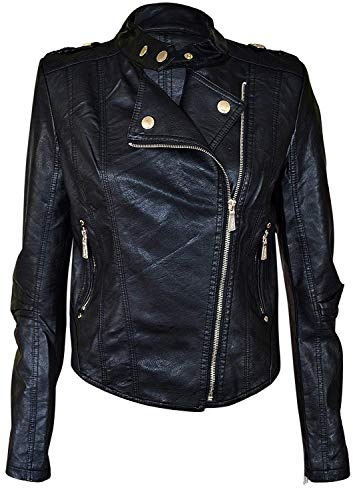 NOROZE New Womens Faux Leather PVC Pu Biker Gold Button Zip Crop Ladies Biker Jacket Coat Black Mint Coral 8 10 12 14 (10, Black)