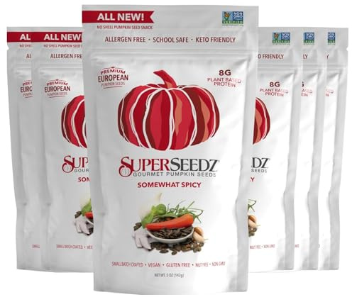 SuperSeedz Dry Roasted Styrian Pumpkin Seeds - Somewhat Spicy Pepitas, Whole 30, Paleo, Vegan & Keto Snacks, 8g Plant Based Protein, Produced In USA, Dairy Free, Nut Free, Gluten Free Snack (5oz, 6-pack)