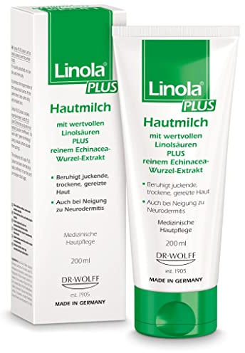 Linola Plus Hautmilch - 1 x 200 ml - Bodylotion für juckende, trockene, irritierte sowie zu Neurodermitis neigende Haut | Körperlotion, die schnell einzieht und Hautrötungen reduziert