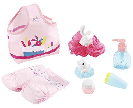 BABY born 823606 Wash & Go Badeset bestehend aus Seifenspender, Cremetube, Puderdose, Schwamm, Windeln, Badeente und Tragetasche, Puppenzubehör, 8-teilig