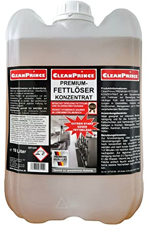 10 liter Tanica CleanPrince Premium Avfettningsmedel koncentrat fett lösare Fettkiller Entfetter Gastronomier Goo olja fett oljor Schneidemaschinen slaktare vandrarhem kök Profiküchen