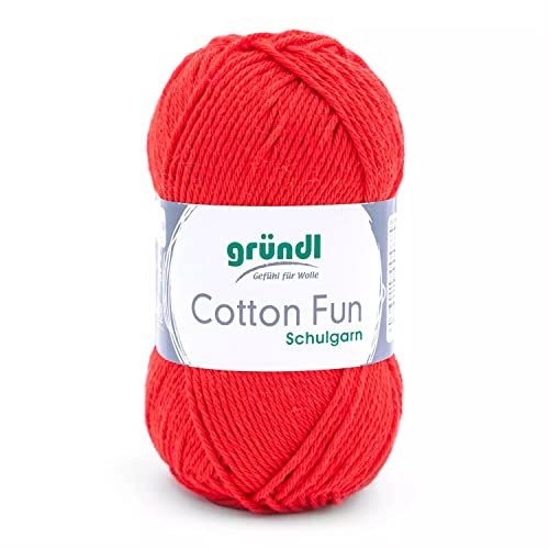 Gründl Wolle Cotton Fun Häkelgarn 1 Knäuel 50 g, Signalrot | Wolle zum Häkeln - Strickgarn - Häkelgarn - Pflegeleicht und hautfreundlich - 100% Baumwolle - 50 g / 115 m - Nadelstärke 3-4