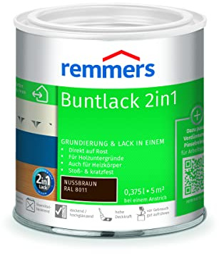 Remmers Buntlack 2in1 nussbraun (RAL 8011), 0,375 Liter, Buntlack für Holz, Eisen, Stahl, inkl. Grundierung und Rostschutz, innen und außen