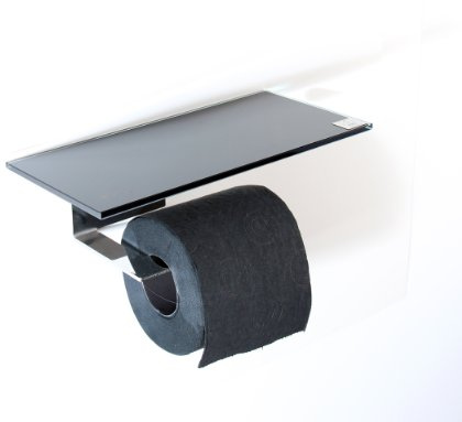 WC Rollenhalter/Toilettenpapierhalter mit Abstellfläche/Ablage aus schwarzem Glas/L - Made in Germany -
