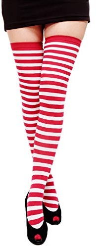 dressmeup - Karneval Fasching Cosplay Strümpfe Overknee Kniestrümpfe Ringelstrümpfe Girly Dunkelrot Rot Weiß W-001-dred