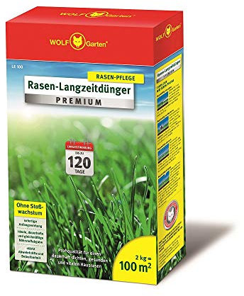 WOLF-GARTEN Rasen-Langzeitdünger „Premium“ LE 100 (mit Langzeitwirkung für 120 Tage, ohne Stoßwachstum, stärkt die Abwehrkräfte & Belastbarkeit des Rasens, ausreichend für 100 m2) 3830020