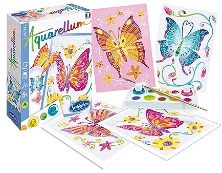 SentoSphère - AQUARELLUM MINI - PAPILLONS 4 PLANCHES - Kit peinture - Peinture Aquarellable Magique - A partir de 5 ans - fabriqué en France, Ensemble de 8 pièces, Multicouleur