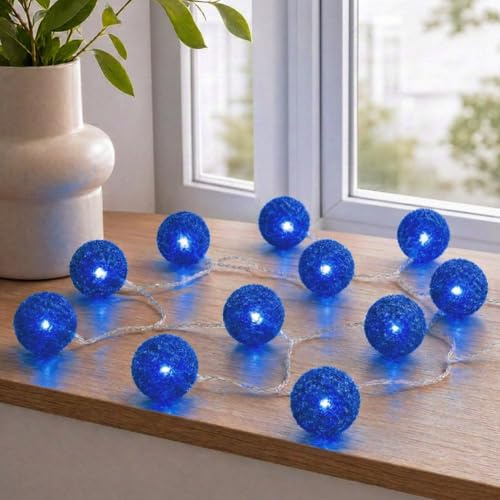 hellum LED Lichterkette Strom, 20 blaue LED, Metallbälle blau, Trafo innen | Lichterkette innen strombetrieben mit blauen Drahtkugeln, beleuchtet 2,85m, Kabel transparent, für Wohnzimmer <59lm 576320