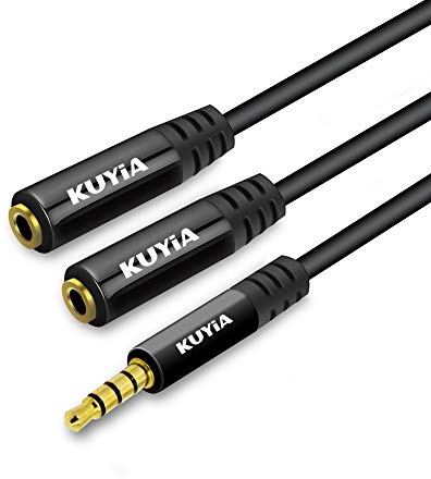 KUYIA 3.5mm Stereo Jack Audio Y Splitter Cable With Headphone & Speaker Converter Adapter for iPod MP3 Player - 1 Male to 2 Female - Gold Plated Connector