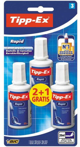 Tipp-Ex Rapid, Korrekturflüssigkeit, hochwertige Korrekturflüssigkeit, hervorragende Deckkraft, 20 ml, 3 Stück, weiß