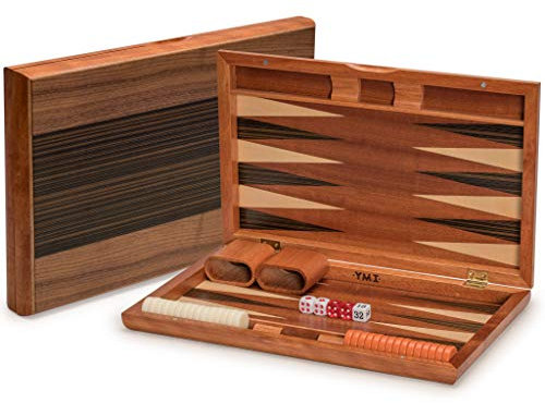 Yellow Mountain Imports Backgammon-Spiel-Set mit Holzeinlagen, Pasadena - 38,5 Zentimeter Spielbrett mit Acryl-Spielsteinen & Holzwürfelbechern