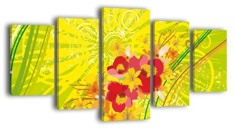 wandmotiv24 Leinwandbild Sara LW128 Wandbild, Bild auf Leinwand, 5 Teile, 210 x 100 cm, Kunstdruck Canvas, XXL Bilder, Keilrahmenbild, fertig aufgespannt, Bild, Holzrahmen, Grün, Floral, Abstrakt
