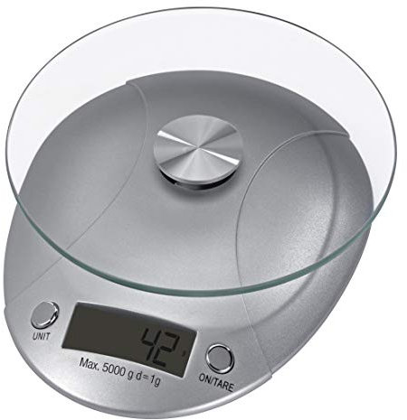 Xavax Präzise, digitale Küchenwaage mit abnehmbarer Wiegefläche aus Sicherheitsglas, Bis 5 kg, Milla, Silber
