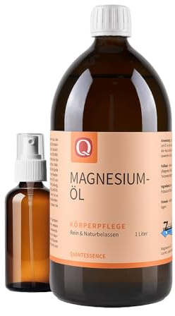 Quintessence Zechstein Magnesiumöl 1000ml mit Zubehör Glasflasche - Veganes, naturbelassenes Massageöl & Körperpflege Öl original aus dem Zechsteiner Meer, Auch für Fußbäder geeignet