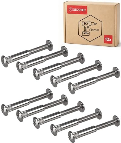 Gedotec Vis pour meubles M6 | 10 pièces - vis à douille | Vis d'assemblage en acier nickelé | Épaisseur du bois 65-76 mm | Connecteur d'armoire à fente cruciforme PZ2 et lame plate