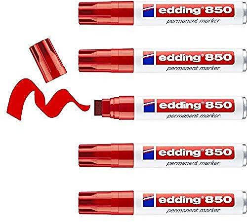 edding 850 Permanentmarker - rot - 5 Stifte - Keil-Spitze 5-15 mm - für breite Markierungen - wasserfest, schnell-trocknend, wischfest - für Karton, Kunststoff, Holz, Metall, Glas