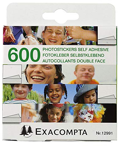 Exacompta - Réf. 12991E - 1 boîte de 600 autocollants photos double face - Blanc - sous film par 10 - Emballage : boîte distributrice carton