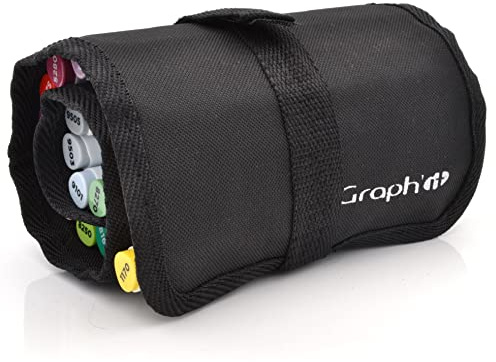 GRAPH’IT Trousse vide Roll&Go en tissu noir pour 24 marqueurs ou feutres de diamètre d’environ 1,5-2cm, maintenus par ruban élastique tissé, fermeture par bouton clips