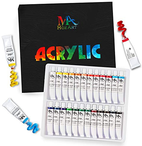 Pintura acrílica Kit - 24 Colores de Pintura Tubos 12ml - Artista Grado Arte Pintura Set para Profesionales, Principiantes y niños - Ideal para Lona, ​​cerámica y artesanías - Suministros Mozart