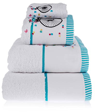 Homescapes 100% Ägyptische Baumwolle Flauschiges Premium Frottee Handtuch Set weiß 3tlg Vintage Stick Motiv Hochrad