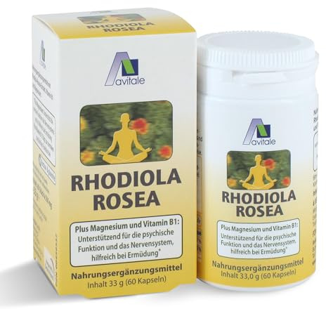 Avitale Rhodiola Rosea 200 mg + Magnesium und Vitamin B1, 60 Kapseln | Hilfreich bei Ermüdung, unterstützend für die psychische Funktion und das Nervensystem: Vitamin (60 mg) + Vitamin B1 (1,4 mg)