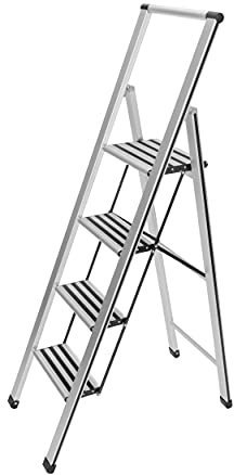 WENKO Leichte Aluminium Trittleiter mit 4 Stufen für 100 cm höheren Stand, rutschsichere XXL-Stufen, Design Klapptrittleiter mit 44 x 153 x 5,5 cm in matt Silber, TÜV Süd Zertifiziert