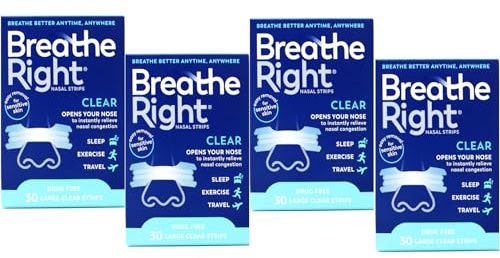 Breathe Right Nasal Strips Clear for Sensitive Skin Large, 30 Count (Pack of 4)