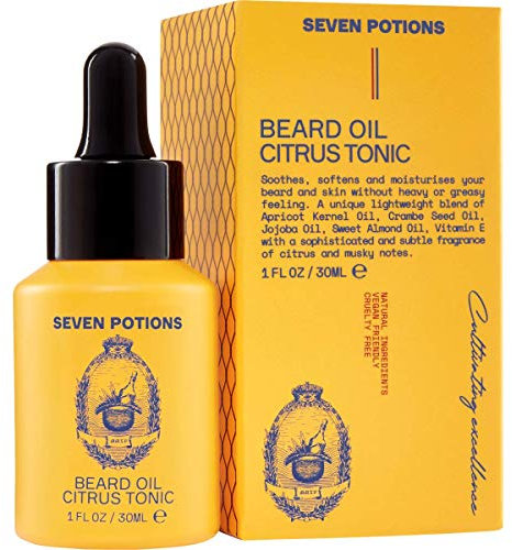 Seven Potions Premium Beard Oil for Men — Jojoba Oil Beard Softener to Nourish Skin, Hair, and Stop Beard Itch — All-Natural, Vegan, Cruelty Free — Citrus Tonic Scent (30ml)