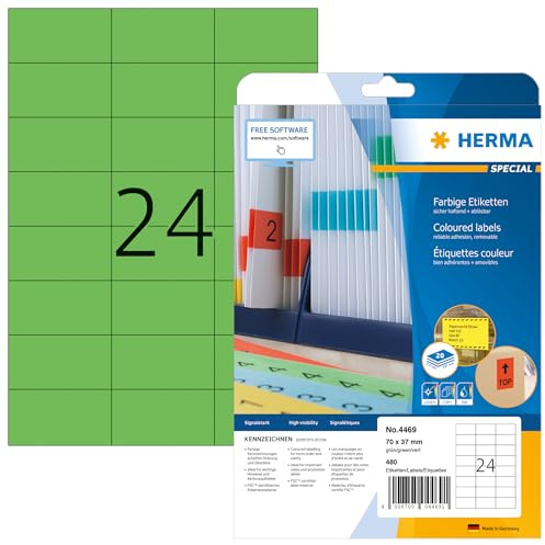 HERMA 4469 Farbige Etiketten grün ablösbar, 20 Blatt, 70 x 37 mm, 24 pro A4 Bogen, 480 Stück, selbstklebend, bedruckbar, matt, blanko Papier Farbetiketten Aufkleber