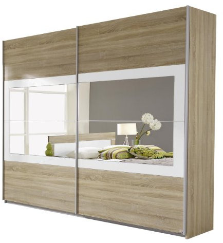 Rauch Möbel Venlo Schrank Schwebetürenschrank, Eiche Sonoma/Weiß, 2-türig mit Spiegel, inkl. Zubehörpaket Basic 3 Kleiderstangen, 3 Einlegeböden BxHxT 226x210x62 cm
