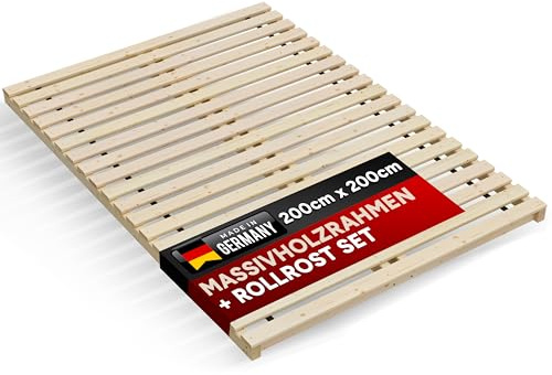 TUGA - Holztech Lattenrost 300Kg reines Naturprodukt unbehandelt bestehend aus Rollrost und passendem Rahmen als Palettenbett nutzbar (200 x 200 cm)