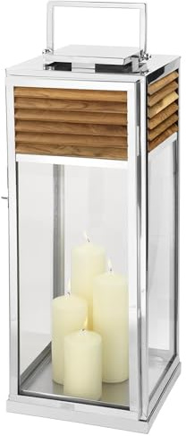 Fink Windlicht 80 cm aus Edelstahl & Teakholz braun Laterne für den Innen- & Außenbereich