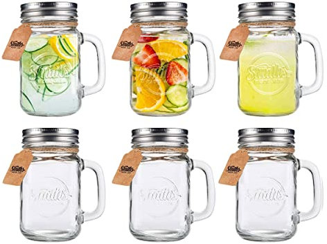Smiths Mason Jars 6 Pack Pint16oz (473ml) Glass Old Fashioned Mugs with Handles and Screw Top | Drinking Glasses Ideal for Making Overnight Oats and Smoothies