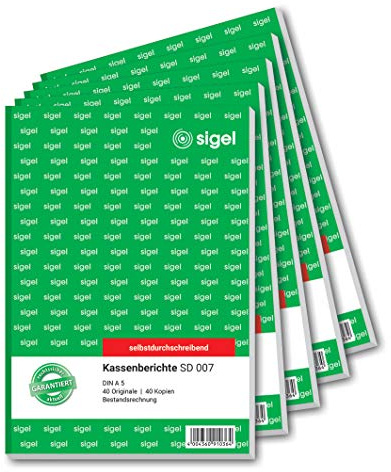 SIGEL SD007/5 Kassenbericht / Bestandsrechnung A5, 2x40 Blatt, selbstdurchschreibend, 5er Pack, mikroperforiert, mit Abheftlochung, aus nachhaltigem Papier | SD007/5, Für Kassenbestand und Dokumentation von Tagesabschlüssen