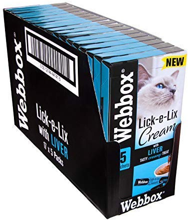 Webbox Lick e Lix Creme mit Leber-Katzenleckerlis, 5 Stück, 17 Stück, leckere und nahrhafte Beutel – Verpackung kann variieren