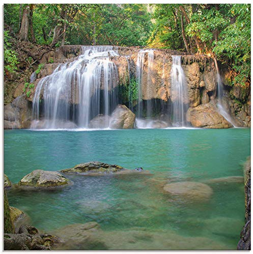 ARTland Wanddeko Glasbilder Wandbild Glas Bild einteilig Quadratisch Natur Wald Dschungel Urwald Wasserfall Fluss Landschaft Thailand S6CI