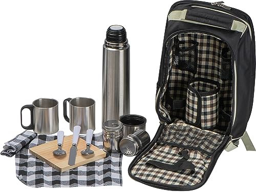 Picknickrucksack für 2 Personen mit Edelstahl Isolierkanne Holz Schneidbrett 2 Edelstahl Bechern Besteck aus Metall Salz und Pfefferstreuer Stoffservietten Picknick Ausflug Outdoor
