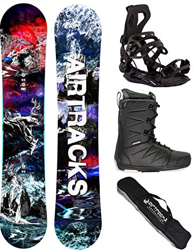Airtracks Herren Snowboard Set - Fantasy Carbon Flat Zero Rocker Snowboard Freestyle Freeride Wide 158 - Softbindung Master - Softboots Star Black 43 - SB Bag