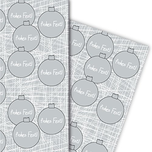 Cooles Weihnachtspapier Set (4 Bogen) Dekorpapier im modernem Design mit Weihnachtskugeln als Geschenkverpackung & Überraschung zu Nikolaus, Advent, Weihnachten u.v.m. 32 x 48cm, in grau
