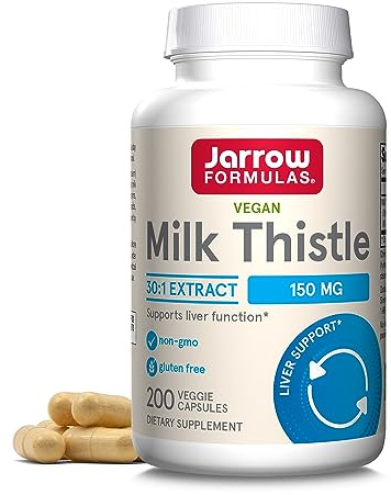 Jarrow Formulas Milk Thistle Supplement 150 mg. 30:1 Milk Thistle Extract Standardized to 80% Total Flavonoids, Dietary Supplement for Liver Function Support, 200 Veggie Capsules, Up to 200 Day Supply