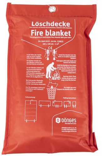 Dönges Löschdecke EN 1869, 1.000 x 1.000 mm (Feuerlöschdecke Fettbrand Glasfaser Glasfaserdecke EN1869), ideal für Haushalt und Camping, 100% hitzebeständiges Glasfasergewebe