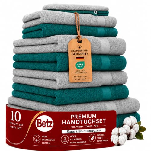Betz Premium Handtuch-Set 10-teilig – 100% Baumwolle – Oeko-TEX® Zertifiziert – saugfähig&weich – 470g/m² – Duschtücher, Handtücher, Gästetücher & Waschhandschuhe – Farbe Smaragd und Silbergrau