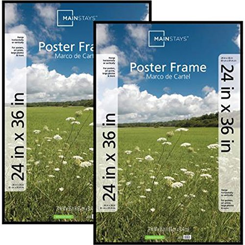 24x36 Basic Poster & Picture Frame, Black, Set of 2 Easy to Hang Fine Size Mainstays Large Artwork and Prints Four Rails Plastic Extruded Construction Hanging Hardware Ideal for Hallways