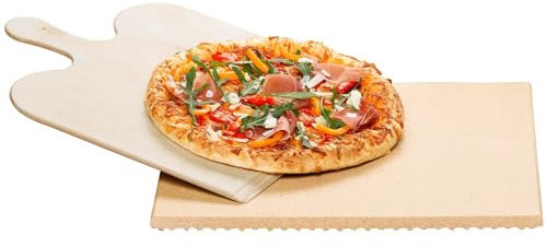 ROMMELSBACHER Pizza-/Brotbackstein Set PS 16 - Stein aus natürlicher Schamotte, lebensmittelecht, 35 x 35 cm, inkl. Holzschaufel