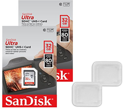 Lot de 2 SanDisk Ultra 32 GB Clase 10 SDHC UHS-I Tarjeta de Memoria hasta 80 MB, Gris/Negro sdsdunc-032g-gn6in Unidades Cajas para CD + (2)