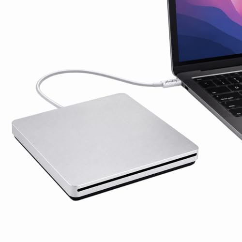 Ploveyy External CD DVD Drive USB-C Superdrive Portabl CD/DVD ROM Optical Drive Player Reader Writer Burner for MacBook Pro Windows 10 Laptop Desktop (Silver)