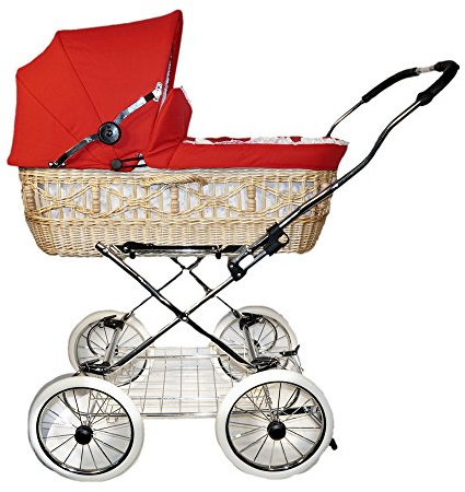 EICHHORN Kinderwagen Weidenkorb - Kinderwagen aus echter Weide, handgeflochten, Korb Natur, Stoff Rot