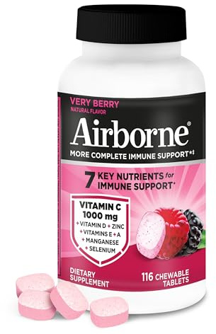 Airborne 1000mg Vitamin C + Zinc Immune Support Supplement Chewable Tablets, Very Berry Flavor with Powerful Antioxidants Vitamins A C & E, 116 Chewable Tablets